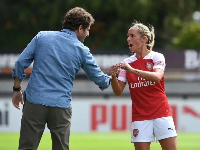 Framed Print : Arsenal Women: Manager Joe Montemurro and Jordan Nobbs Lead the Team against West Ham United Women