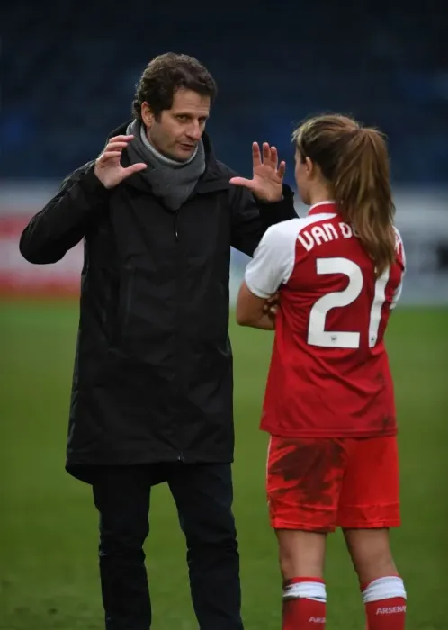 Framed Print : Arsenal Women: Manager Montemurro and Player Van de Donk Discuss Post-Match Success