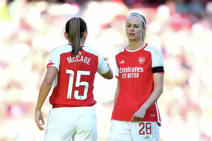 Framed Print : Arsenal Women: McCabe and Ilestedt in Deep Conversation on the Emirates Pitch (2023-24) Framed Print : Arsenal Women: McCabe and Ilestedt in Deep Conversation on the Emirates Pitch (2023-24)
