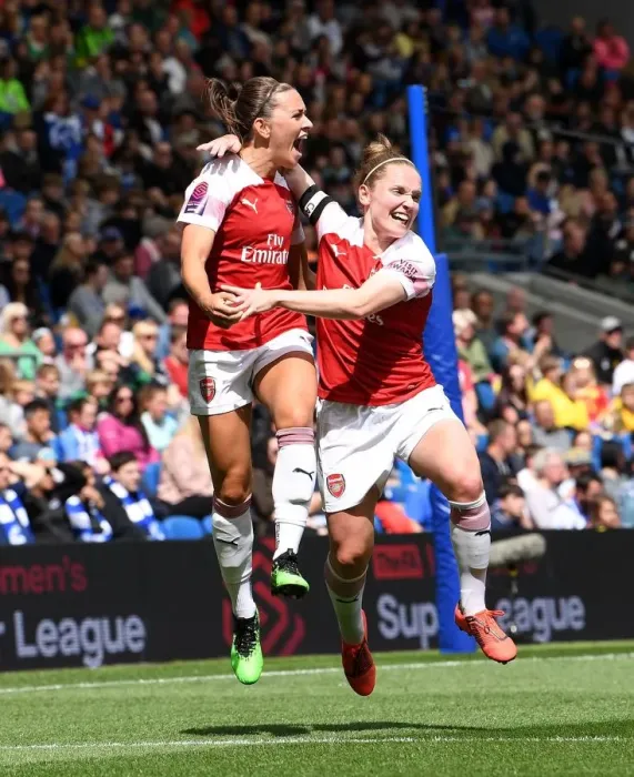 Framed Print : Arsenal Women: McCabe and Little Celebrate Goal Against Brighton & Hove Albion