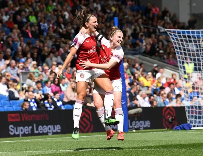 Framed Print : Arsenal Women: McCabe and Little Celebrate Goal Against Brighton & Hove Albion