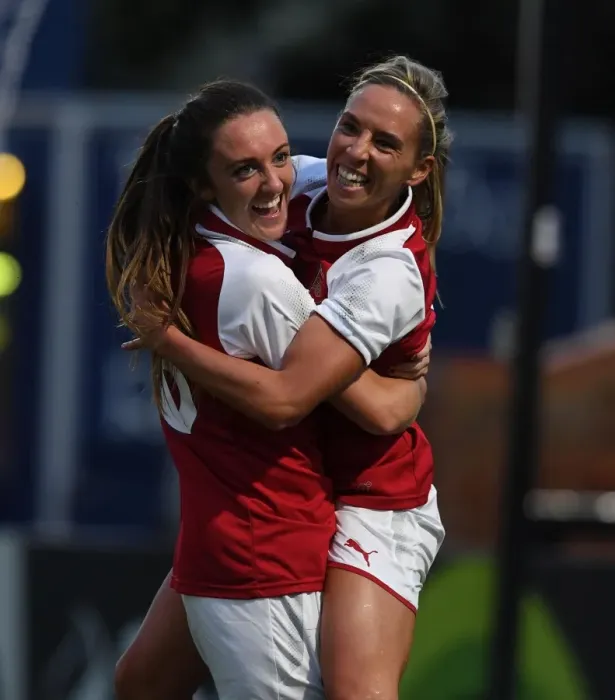 Framed Print : Arsenal Women: Nobbs and Evans Celebrate First Goal Against Everton Ladies (Pre-Season 2017-18)