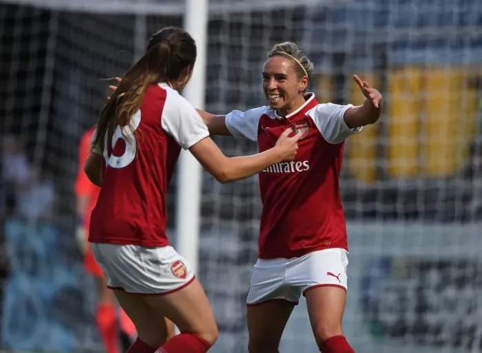 Framed Print : Arsenal Women: Nobbs and Evans Celebrate First Goal of Pre-Season