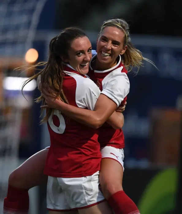 Framed Print : Arsenal Women: Nobbs and Evans Celebrate First Goal of Pre-Season