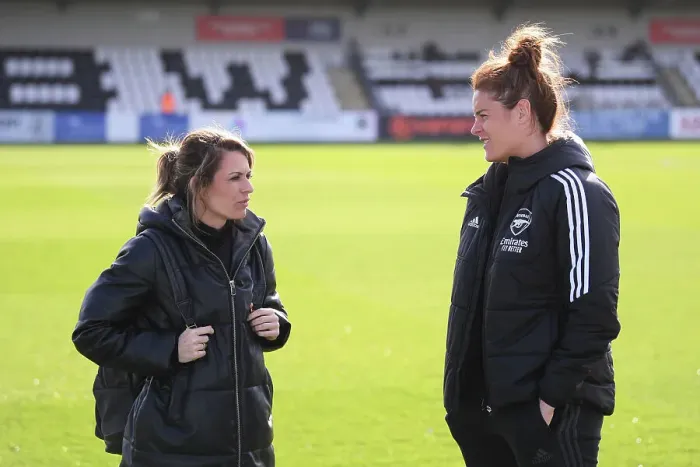 Framed Print : Arsenal Women: Pre-Match Conversation - Jennifer Beattie and Karen Carney