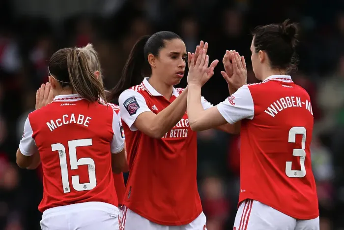 Framed Print : Arsenal Women: Pre-Match Huddle - Rafaelle Souza and Lotte Wubben-Moy Unite Before Taking on Manchester City
