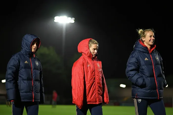Framed Print : Arsenal Women Prepare for Conti Cup Match: Sabrina D'Angelo, Cloe Lacasse, and Amanda Ilestedt Scrutinize Meadow Park's Field