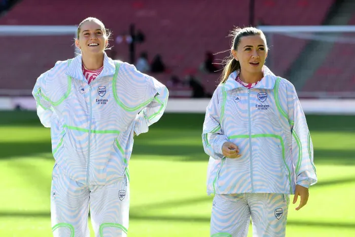 Framed Print : Arsenal Women: Russo and McCabe Prepare for Battle against Aston Villa (2023-24)