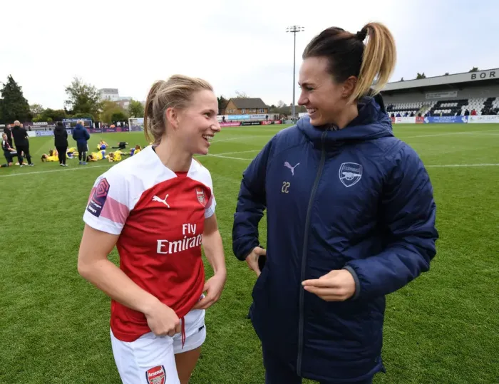 Framed Print : Arsenal Women: Schnaderbeck and Kemme in Post-Match Moment Framed Print : Arsenal Women: Schnaderbeck and Kemme in Post-Match Moment