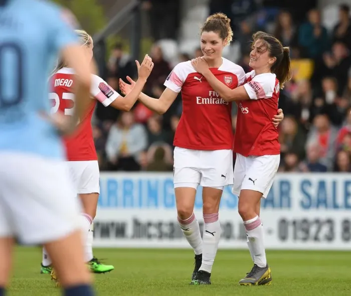 Framed Print : Arsenal Women: A Team United - Van de Donk Comforts Substituted Bloodworth