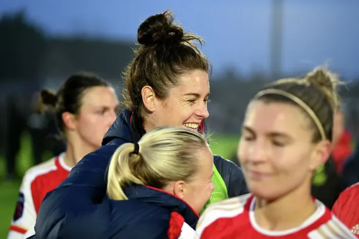 Framed Print : Arsenal Women Triumph Over West Ham United: Emotional Moment Between Jennifer Beattie and Beth Mead
