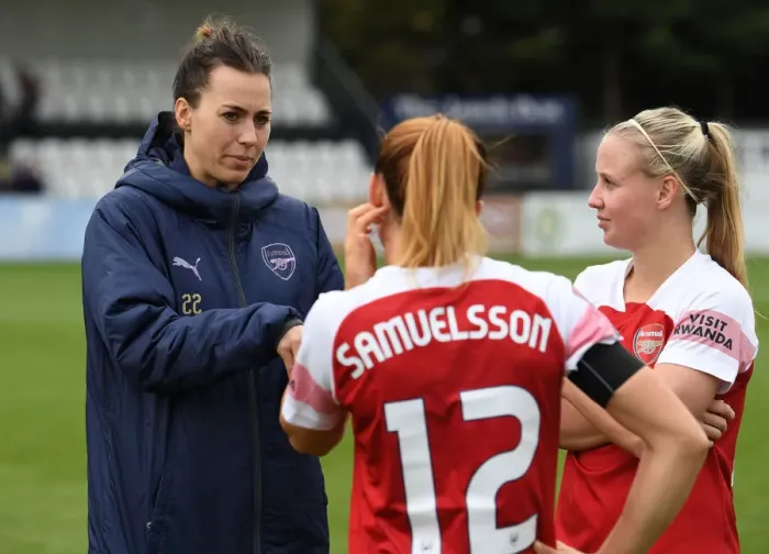 Framed Print : Arsenal Women: Viktoria Schnaderbeck, Beth Mead, and Jessica Samuelsson in Post-Match Huddle (Arsenal Women v Birmingham City Ladies, 2018-19)