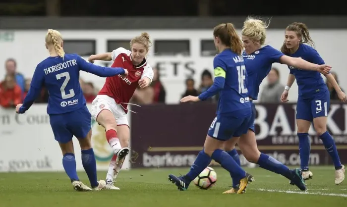 Framed Print : Arsenal Women vs. Chelsea Ladies: WSL Quarterfinals Showdown (1 / 4 / 2018) - Battle of the Titans in the Women's Super League (2017-18)