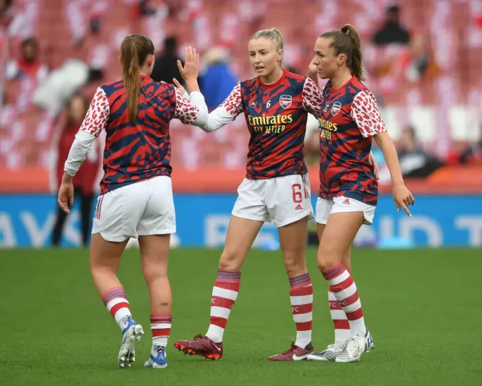 Framed Print : Arsenal Women vs. Tottenham Hotspur Women: Pre-Match Warm-Up at Emirates Stadium (2021-22) - Leah Williamson and Lia Walti in Action