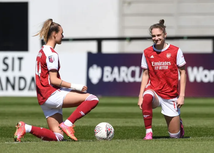 Framed Print : Arsenal Women vs. Brighton & Hove Albion: Taking a Knee in Empty Meadow Park - FA WSL Match