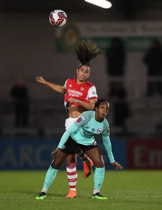 Framed Print : Arsenal Women vs Brighton Hove Albion Women: A Tight FA WSL Showdown - Rafaelle Souza Battles Danielle Carter for the Ball Framed Print : Arsenal Women vs Brighton Hove Albion Women: A Tight FA WSL Showdown - Rafaelle Souza Battles Danielle Carter for the Ball