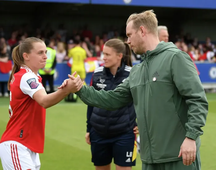 Framed Print : Arsenal Women vs. Chelsea Women: Eidevall and Maritz Share a Moment After FA Super League Clash