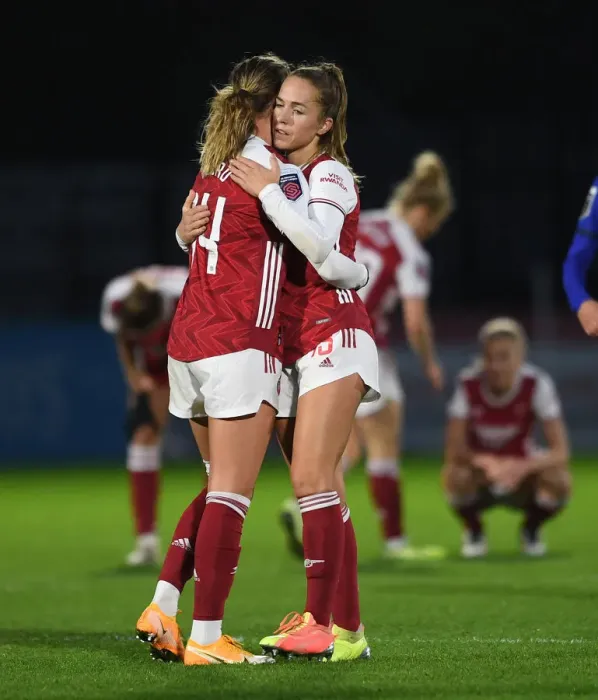 Framed Print : Arsenal Women vs Chelsea Women: Emotional Moment as Jill Roord Consoles Lia Walti Post-Match