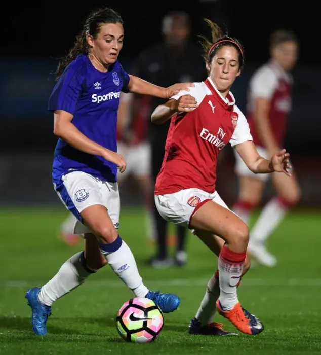 Framed Print : Arsenal Women vs Everton Women: Ava Kuyken Closes Down Jodie Brett in Pre-Season Friendly Framed Print : Arsenal Women vs Everton Women: Ava Kuyken Closes Down Jodie Brett in Pre-Season Friendly