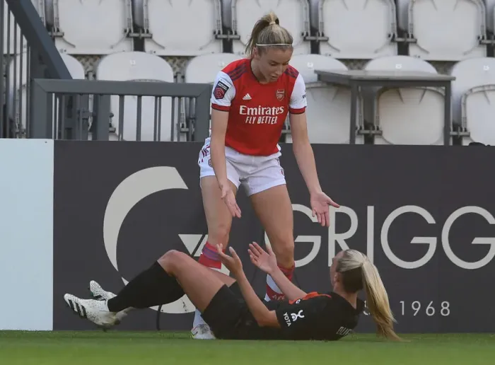 Framed Print : Arsenal Women vs Everton Women: A Battle in the FA WSL - Leah Williamson Consoles Toni Duggan