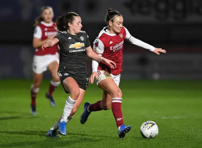 Framed Print : Arsenal Women vs Manchester United Women: FA WSL Clash in Empty Stands (2020-21)