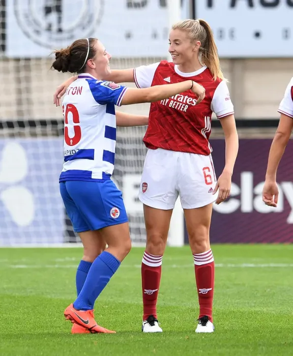 Framed Print : Arsenal Women vs Reading Women: Post-Match Conversation Between Leah Williamson and Lauren Burton (Barclays FA WSL, 2020-21) Framed Print : Arsenal Women vs Reading Women: Post-Match Conversation Between Leah Williamson and Lauren Burton (Barclays FA WSL, 2020-21)