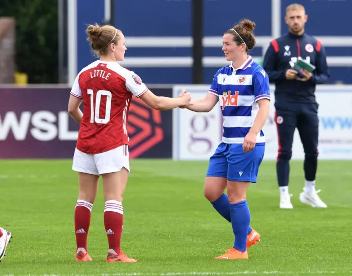 Framed Print : Arsenal Women vs Reading Women: Kim Little and Emma Mitchell Share a Moment After FA WSL Match Framed Print : Arsenal Women vs Reading Women: Kim Little and Emma Mitchell Share a Moment After FA WSL Match