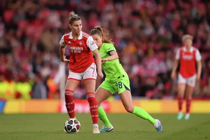 Framed Print : Arsenal Women vs. VfL Wolfsburg: A Tense UEFA Champions League Semifinal (2022-23)
