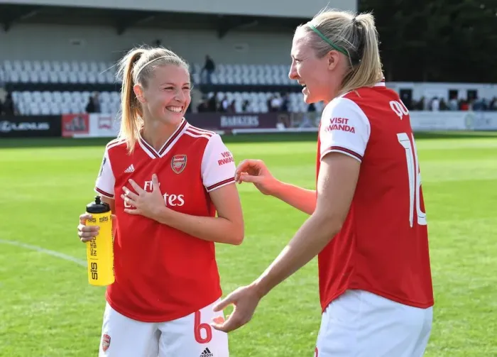 Framed Print : Arsenal Women vs West Ham United: Leah Williamson and Louise Quinn Share a Moment After Match Framed Print : Arsenal Women vs West Ham United: Leah Williamson and Louise Quinn Share a Moment After Match