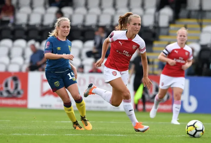 Framed Print : Arsenal Women vs. West Ham United Women: Clash between Lia Walti and Brianna Visalli