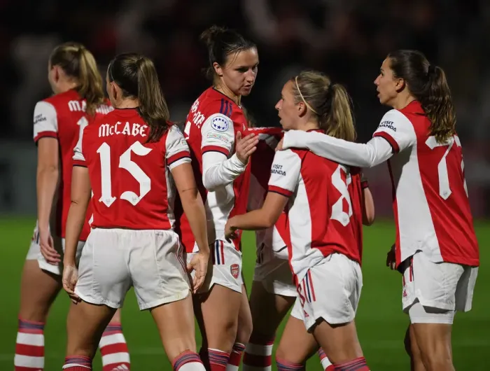 Framed Print : Arsenal Women's Champions League: Arsenal FC vs. 1899 Hoffenheim - Lotte Wubben-Moy and Jordan Nobbs Celebrate Goal in Group C Match