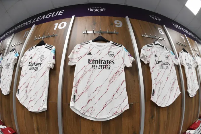 Framed Print : Arsenal Women's Champions League Quarterfinal: Match Shirts in Arsenal Dressing Room vs Paris Saint-Germain