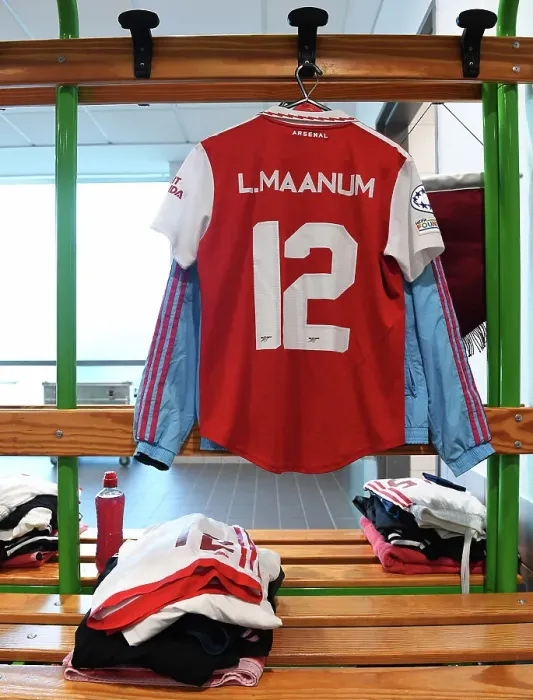 Framed Print : Arsenal Women's Champions League Semi-Final: Frida Maanum's Jersey in Wolfsburg Dressing Room Framed Print : Arsenal Women's Champions League Semi-Final: Frida Maanum's Jersey in Wolfsburg Dressing Room