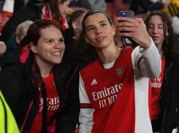 Framed Print : Arsenal Women's Champions League Triumph: Tobin Heath and Ecstatic Fans Celebrate First Leg Victory over VfL Wolfsburg Framed Print : Arsenal Women's Champions League Triumph: Tobin Heath and Ecstatic Fans Celebrate First Leg Victory over VfL Wolfsburg