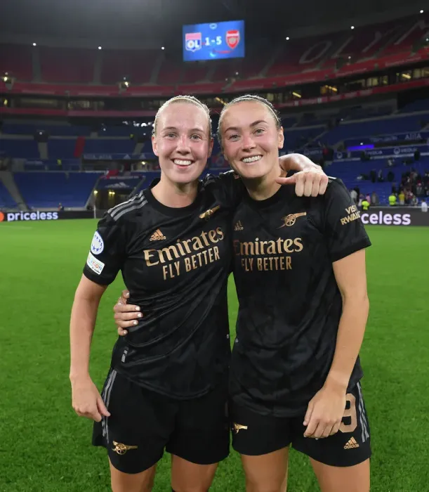 Framed Print : Arsenal Women's Champions League Triumph: Beth Mead and Caitlin Foord's Euphoric Goal Celebration vs. Olympique Lyonnais Framed Print : Arsenal Women's Champions League Triumph: Beth Mead and Caitlin Foord's Euphoric Goal Celebration vs. Olympique Lyonnais