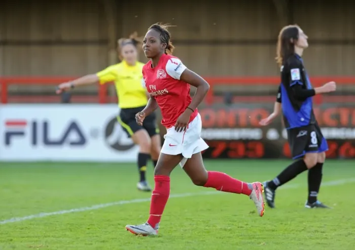 Framed Print : Arsenal Women's Champions League Victory: Danielle Carter Scores Fifth Goal Against Rayo Vallecano (5-1)