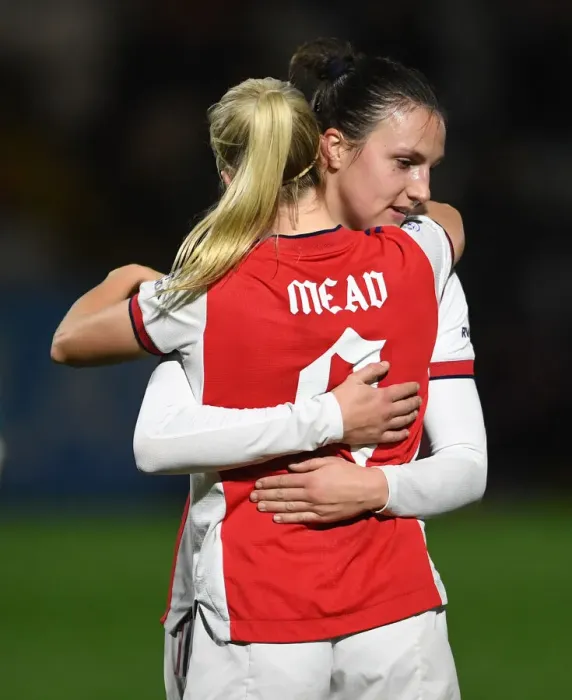 Framed Print : Arsenal Women's Champions League Victory: Lotte Wubben-Moy and Beth Mead Celebrate Goals Framed Print : Arsenal Women's Champions League Victory: Lotte Wubben-Moy and Beth Mead Celebrate Goals