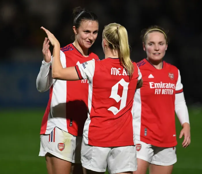 Framed Print : Arsenal Women's Champions League Victory: Lotte Wubben-Moy and Beth Mead Celebrate Goals Against HB Koge