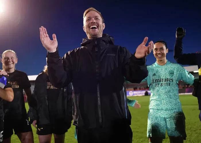 Framed Print : Arsenal Women's Coach Jonas Eidevall Addresses Team After Match Against Brighton & Hove Albion (FA Women's Super League 2022-23)