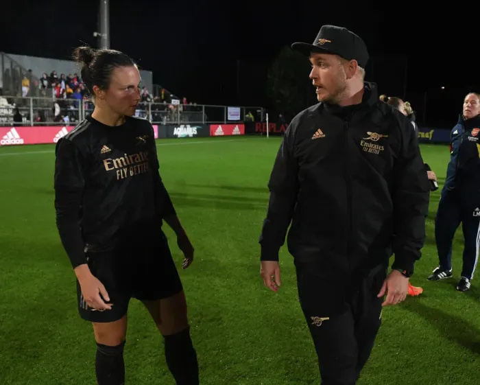Framed Print : Arsenal Women's Coach Jonas Eidevall Congratulates Lotte Wubben-Moy after AFC Ajax vs Arsenal, UEFA Women's Champions League 2022-23
