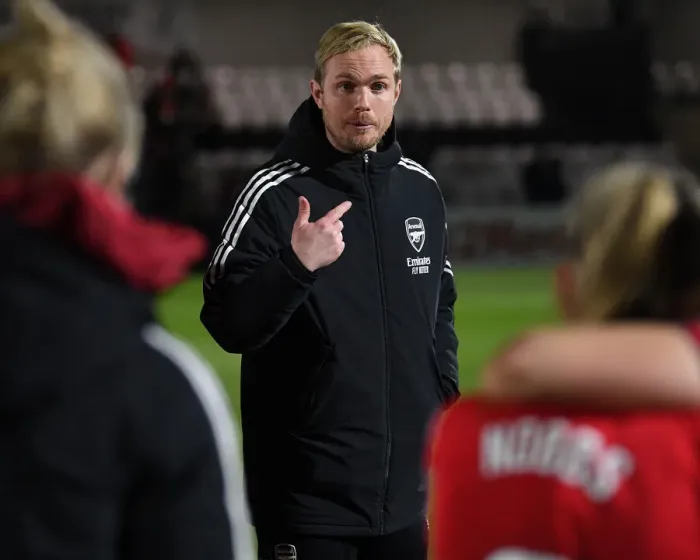 Framed Print : Arsenal Women's Coach Jonas Eidevall Delivers Post-Match Team Talk after FA WSL Clash with Brighton Hove Albion