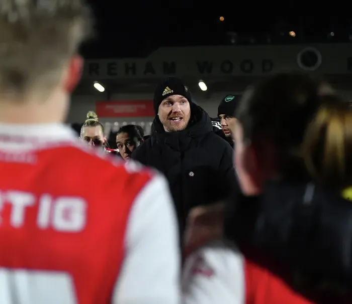 Framed Print : Arsenal Women's Coach Jonas Eidevall Delivers Team Talk After FA WSL Cup Semi-Final vs Manchester City
