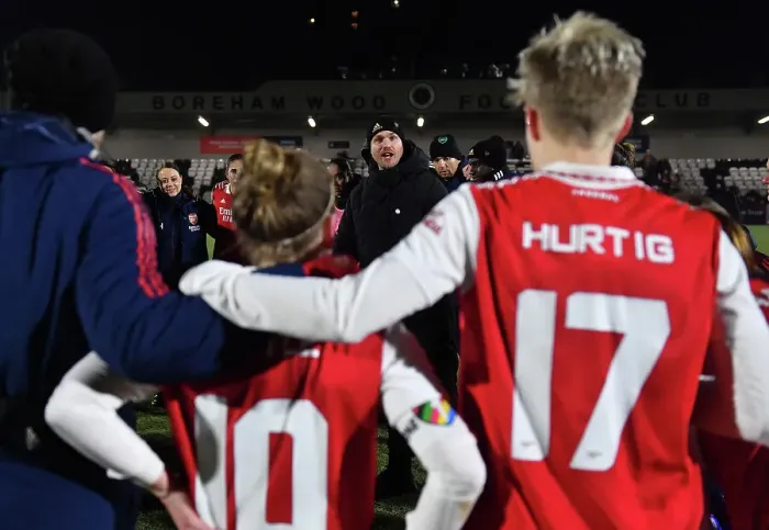 Framed Print : Arsenal Women's Coach Jonas Eidevall Delivers Team Talk After FA WSL Cup Semi-Final vs Manchester City
