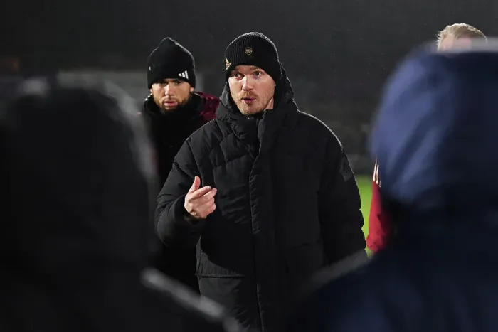 Framed Print : Arsenal Women's Coach Jonas Eidevall Motivates Team After Conti Cup Match vs. Tottenham Hotspur