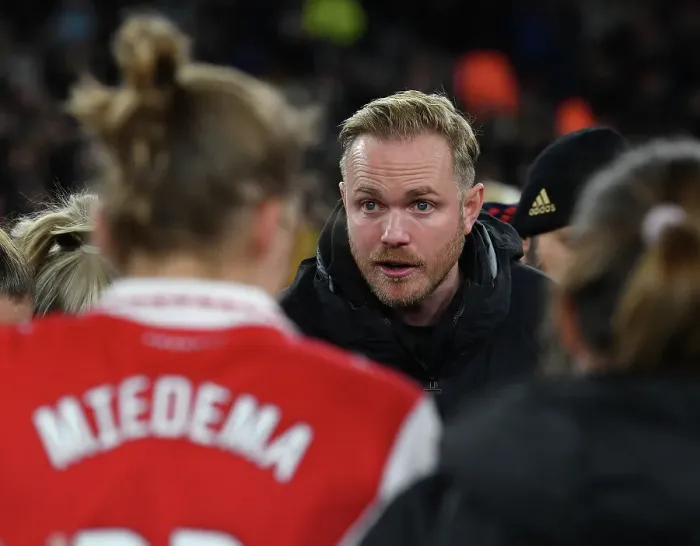 Framed Print : Arsenal Women's Coach Jonas Eidevall Motivates Team During Half-time at Emirates Stadium vs Manchester United