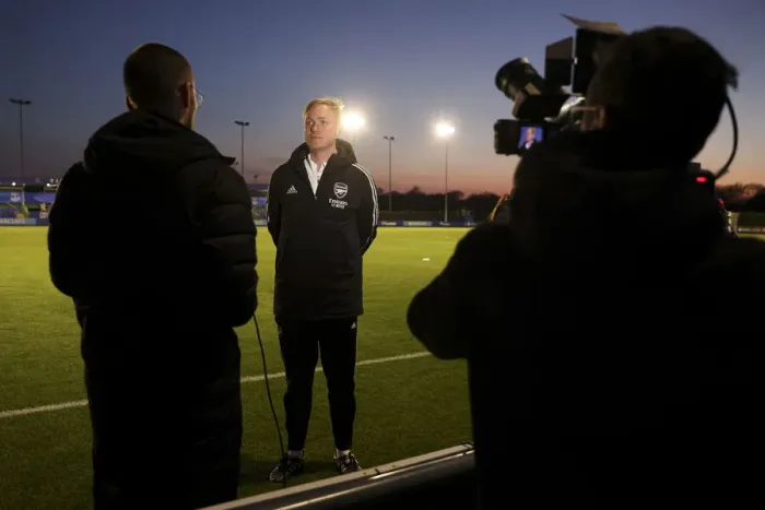 Framed Print : Arsenal Women's Coach Jonas Eidevall Post-Match Interview: Everton vs Arsenal (FA WSL 2021-22)