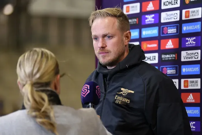 Framed Print : Arsenal Women's Coach Jonas Eidevall Post-Match Interview: FA WSL Clash Against Manchester United (2022-23)