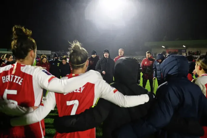 Framed Print : Arsenal Women's Coach Jonas Eidevall Rallies Team After Conti Cup Match Against Tottenham Hotspur