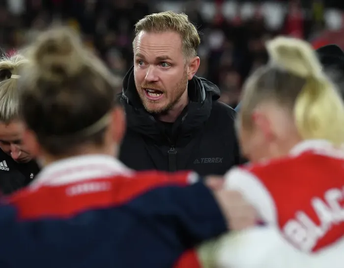 Framed Print : Arsenal Women's Coach Jonas Eidevall Rallies Team After Loss to Manchester United (2022-23) Framed Print : Arsenal Women's Coach Jonas Eidevall Rallies Team After Loss to Manchester United (2022-23)