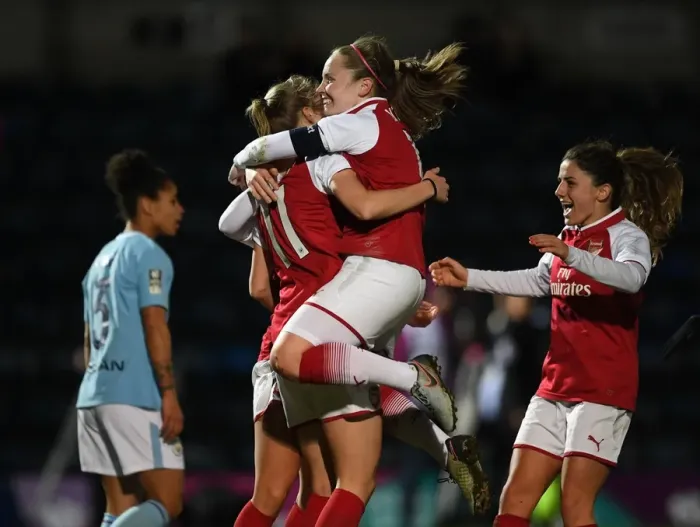 Framed Print : Arsenal Women's Continental Cup Final: Miedema, Little, and van de Donk Celebrate Goal Against Manchester City